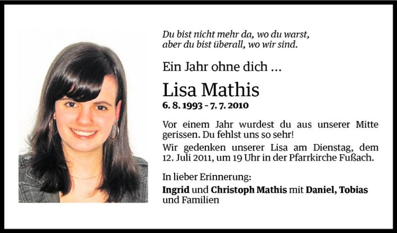  Todesanzeige für Lisa Mathis vom 09.07.2011 aus Vorarlberger Nachrichten