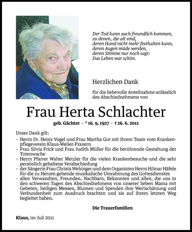  Todesanzeige für Herta Schlachter vom 16.07.2011 aus Vorarlberger Nachrichten