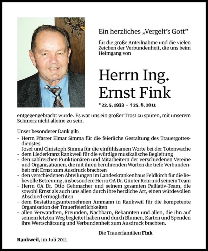  Todesanzeige für Ing. Ernst Fink vom 30.07.2011 aus Vorarlberger Nachrichten