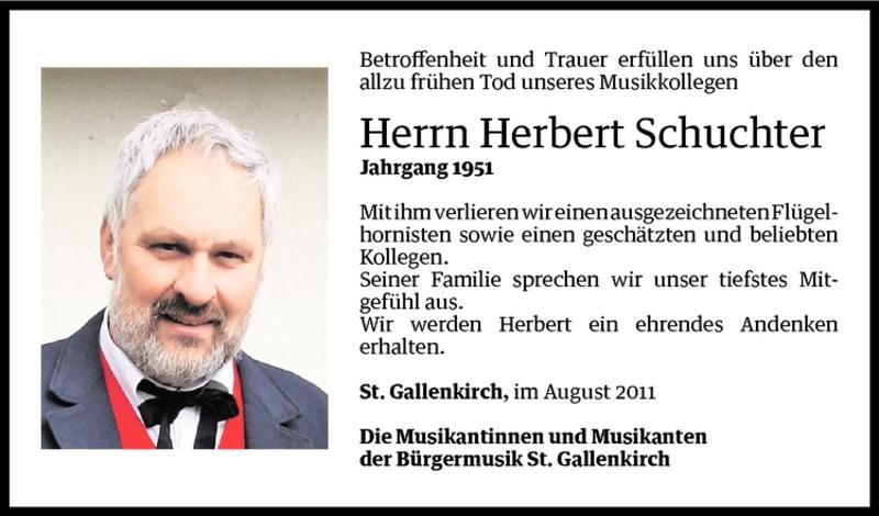  Todesanzeige für Herbert Schuchter vom 16.08.2011 aus Vorarlberger Nachrichten