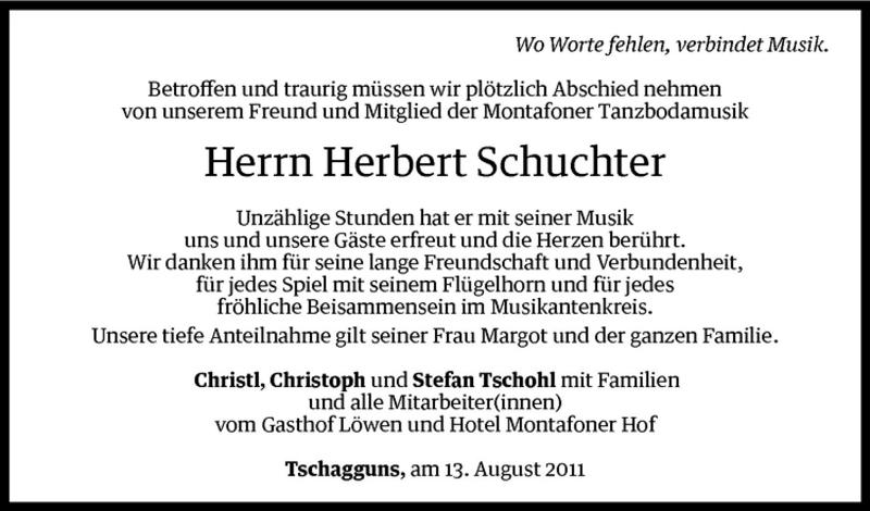  Todesanzeige für Herbert Schuchter vom 16.08.2011 aus Vorarlberger Nachrichten