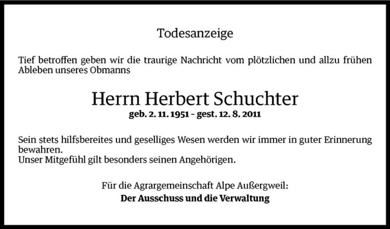 Todesanzeige für Herbert Schuchter vom 17.08.2011 aus Vorarlberger Nachrichten