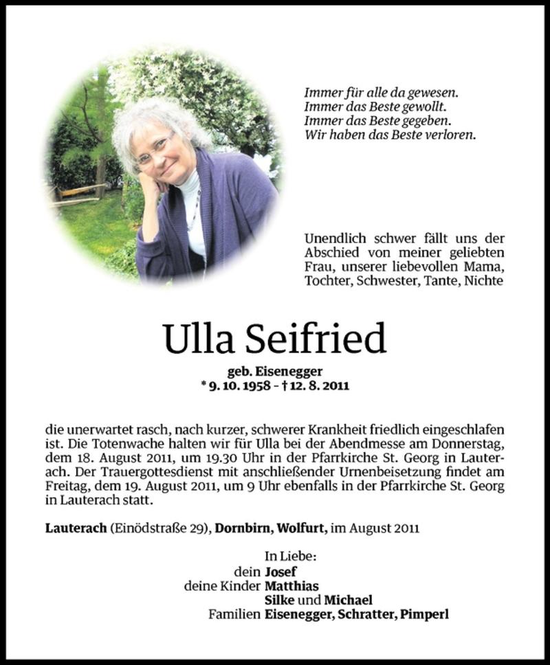  Todesanzeige für Ulla Seifried vom 17.08.2011 aus Vorarlberger Nachrichten
