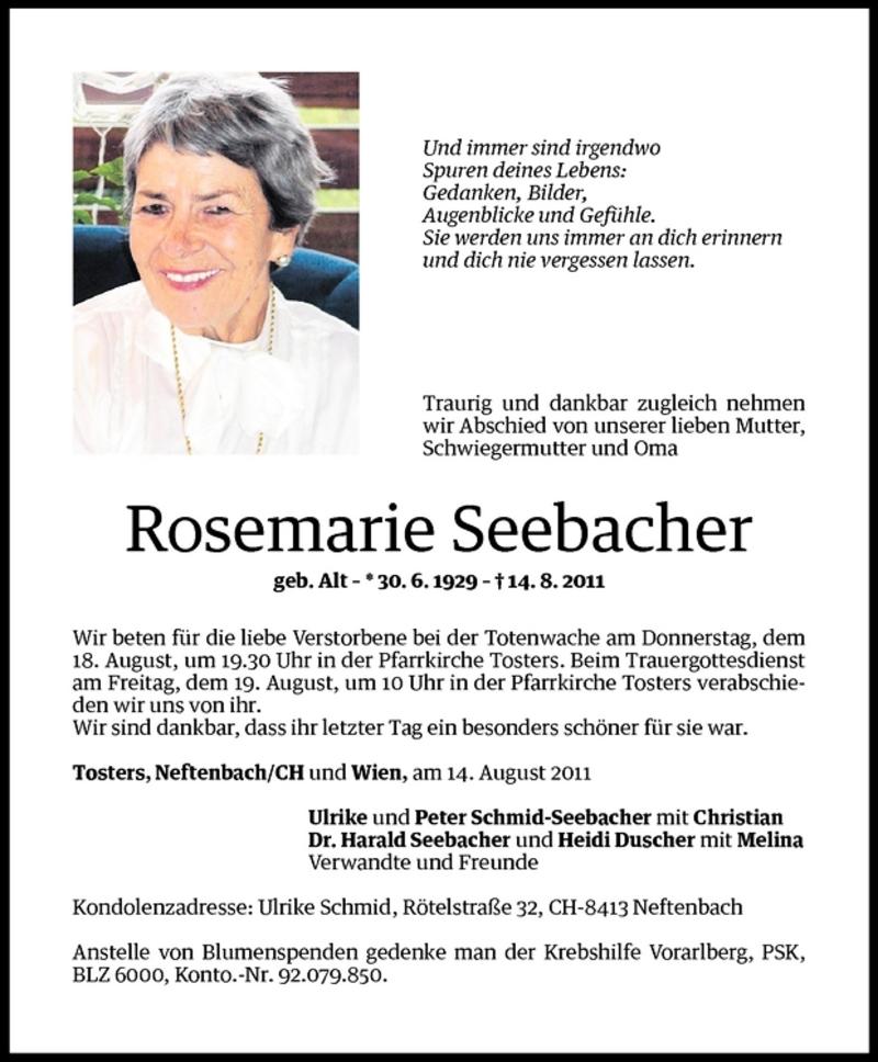 Todesanzeigen Von Rosemarie Seebacher Todesanzeigen Vorarlberger