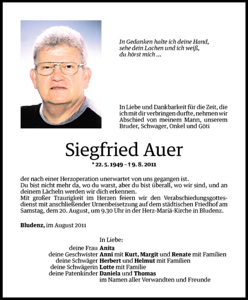  Todesanzeige für Siegfried Auer vom 18.08.2011 aus Vorarlberger Nachrichten