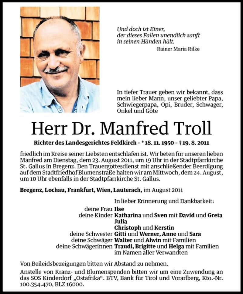  Todesanzeige für Manfred Troll vom 20.08.2011 aus Vorarlberger Nachrichten