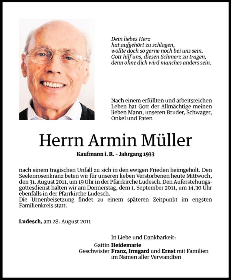  Todesanzeige für Armin Müller vom 31.08.2011 aus Vorarlberger Nachrichten