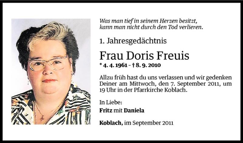  Todesanzeige für Doris Freuis vom 05.09.2011 aus Vorarlberger Nachrichten