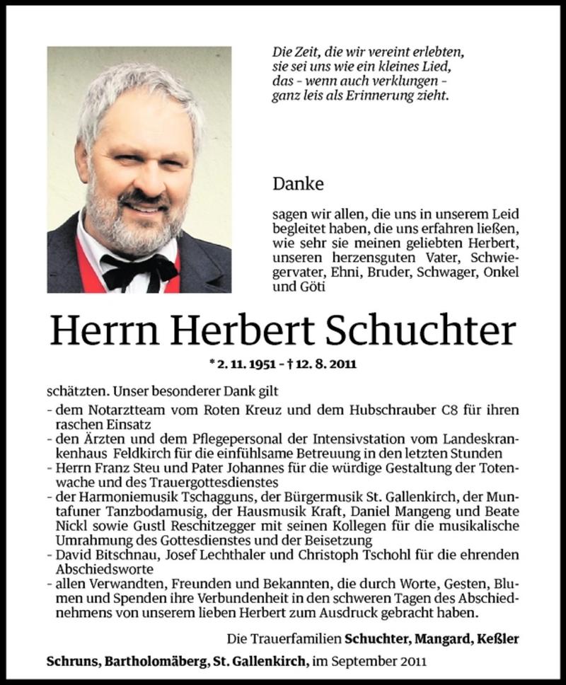  Todesanzeige für Herbert Schuchter vom 10.09.2011 aus Vorarlberger Nachrichten