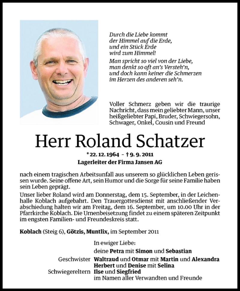  Todesanzeige für Roland Schatzer vom 14.09.2011 aus Vorarlberger Nachrichten