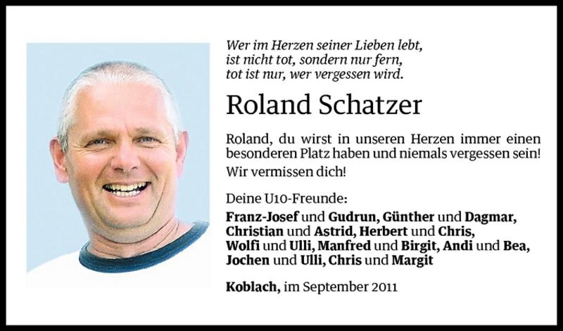  Todesanzeige für Roland Schatzer vom 14.09.2011 aus Vorarlberger Nachrichten