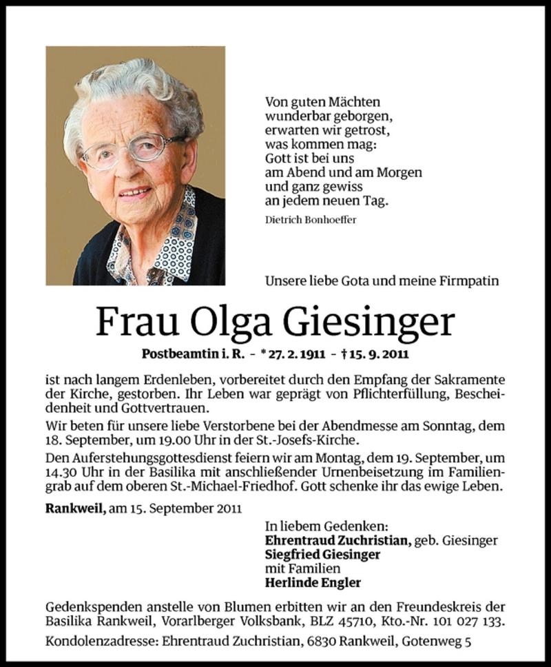Todesanzeigen von Olga Giesinger | Todesanzeigen Vorarlberger Nachrichten