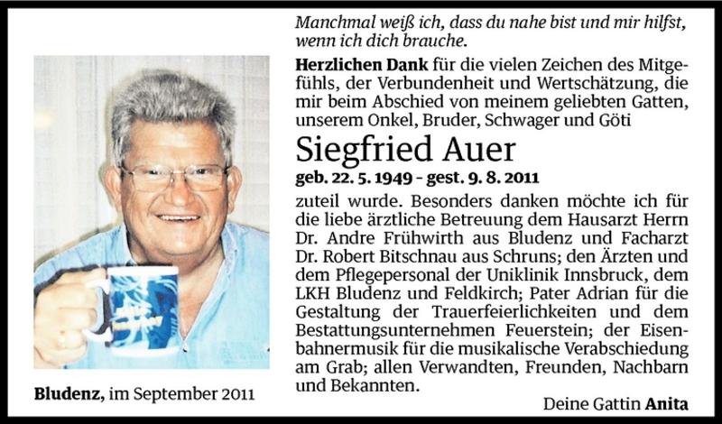  Todesanzeige für Siegfried Auer vom 17.09.2011 aus Vorarlberger Nachrichten