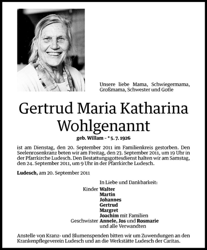 Todesanzeigen von Gertrud Maria Katharina Wohlgenannt | Todesanzeigen ...