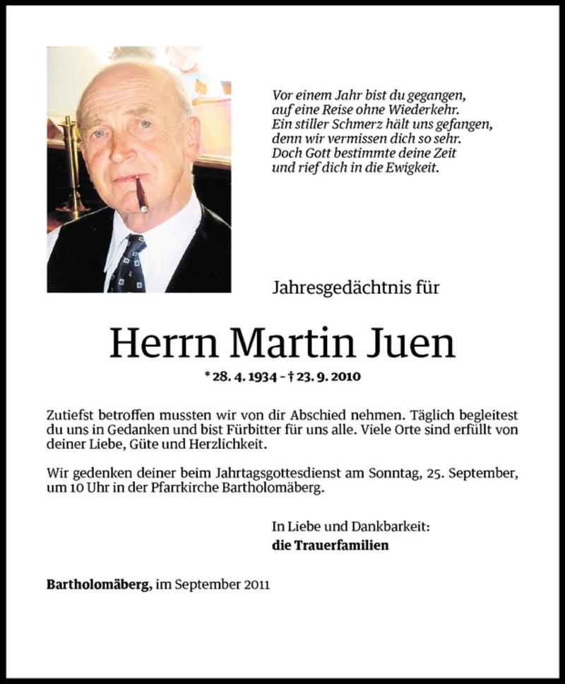  Todesanzeige für Martin Juen vom 24.09.2011 aus Vorarlberger Nachrichten