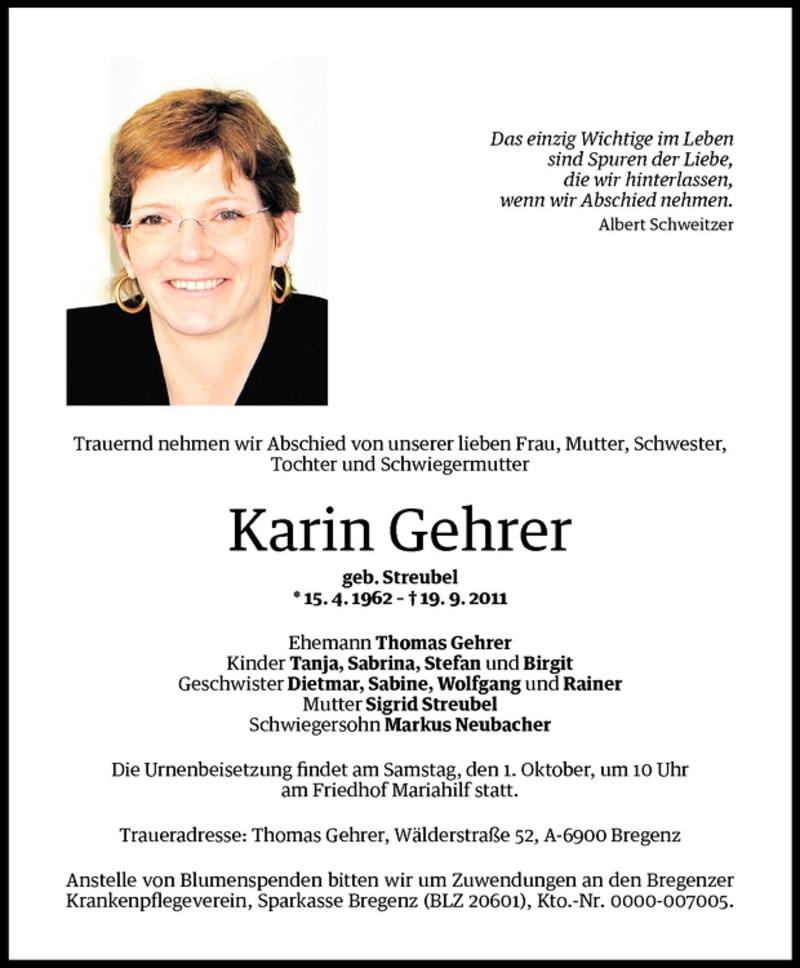  Todesanzeige für Karin  Gehrer vom 29.09.2011 aus Vorarlberger Nachrichten
