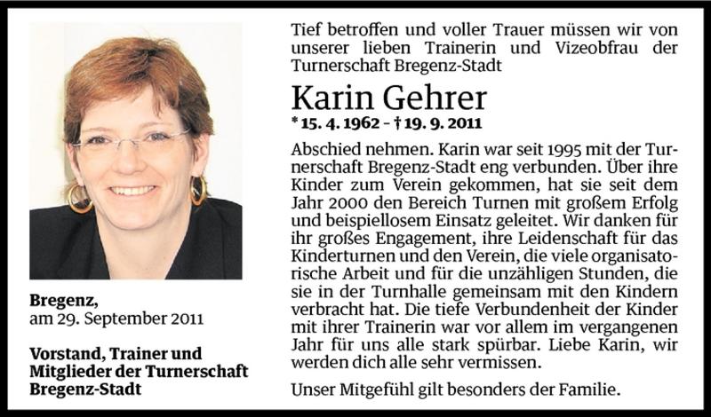  Todesanzeige für Karin  Gehrer vom 29.09.2011 aus Vorarlberger Nachrichten