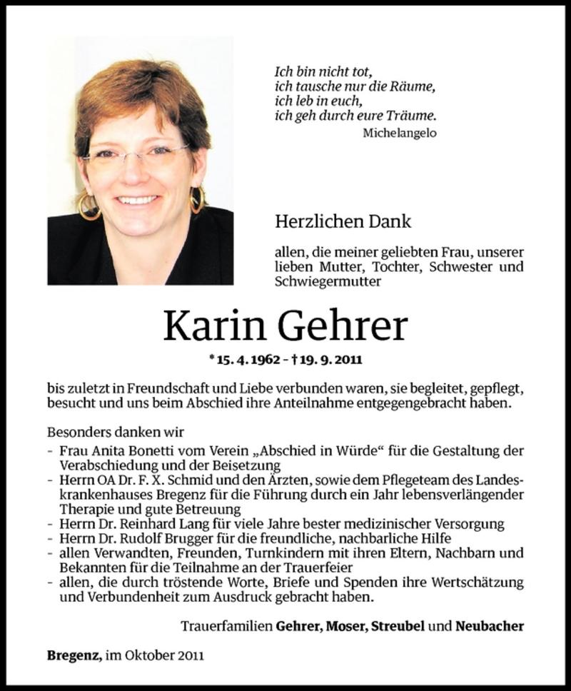  Todesanzeige für Karin  Gehrer vom 14.10.2011 aus Vorarlberger Nachrichten