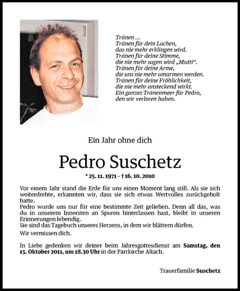  Todesanzeige für Pedro Suschetz vom 15.10.2011 aus Vorarlberger Nachrichten