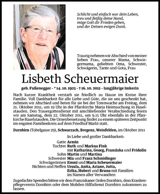 Todesanzeige von Lisbeth Scheuermaier von Vorarlberger Nachrichten