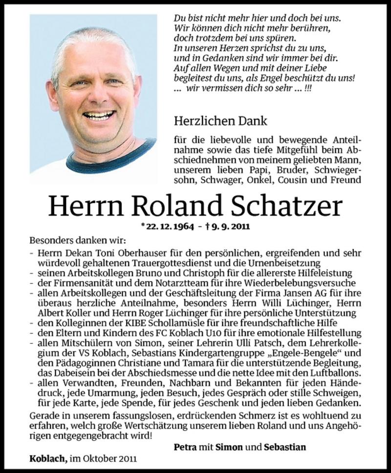  Todesanzeige für Roland Schatzer vom 21.10.2011 aus Vorarlberger Nachrichten