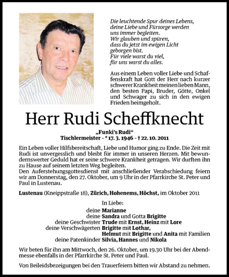  Todesanzeige für Rudi Scheffknecht vom 25.10.2011 aus Vorarlberger Nachrichten