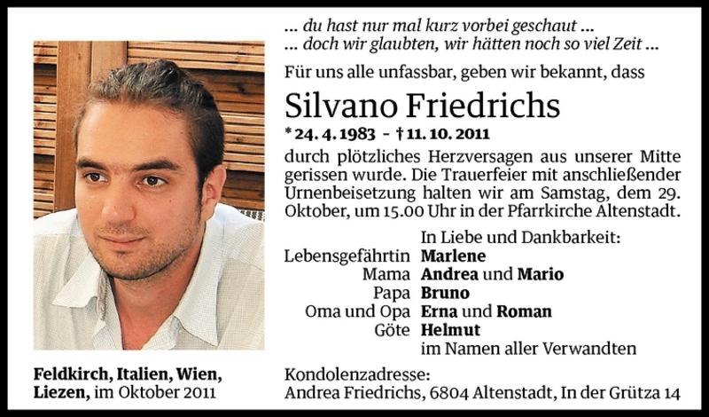  Todesanzeige für Silvano Friedrichs vom 27.10.2011 aus Vorarlberger Nachrichten