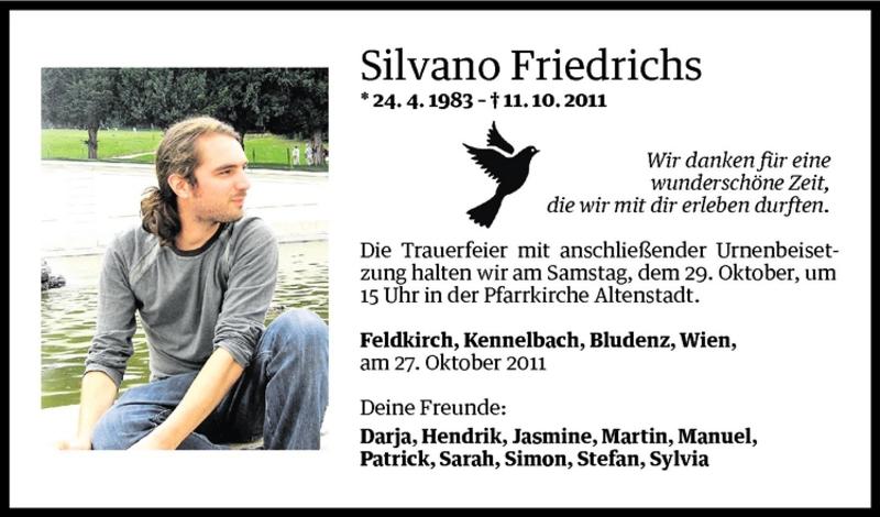  Todesanzeige für Silvano Friedrichs vom 28.10.2011 aus Vorarlberger Nachrichten