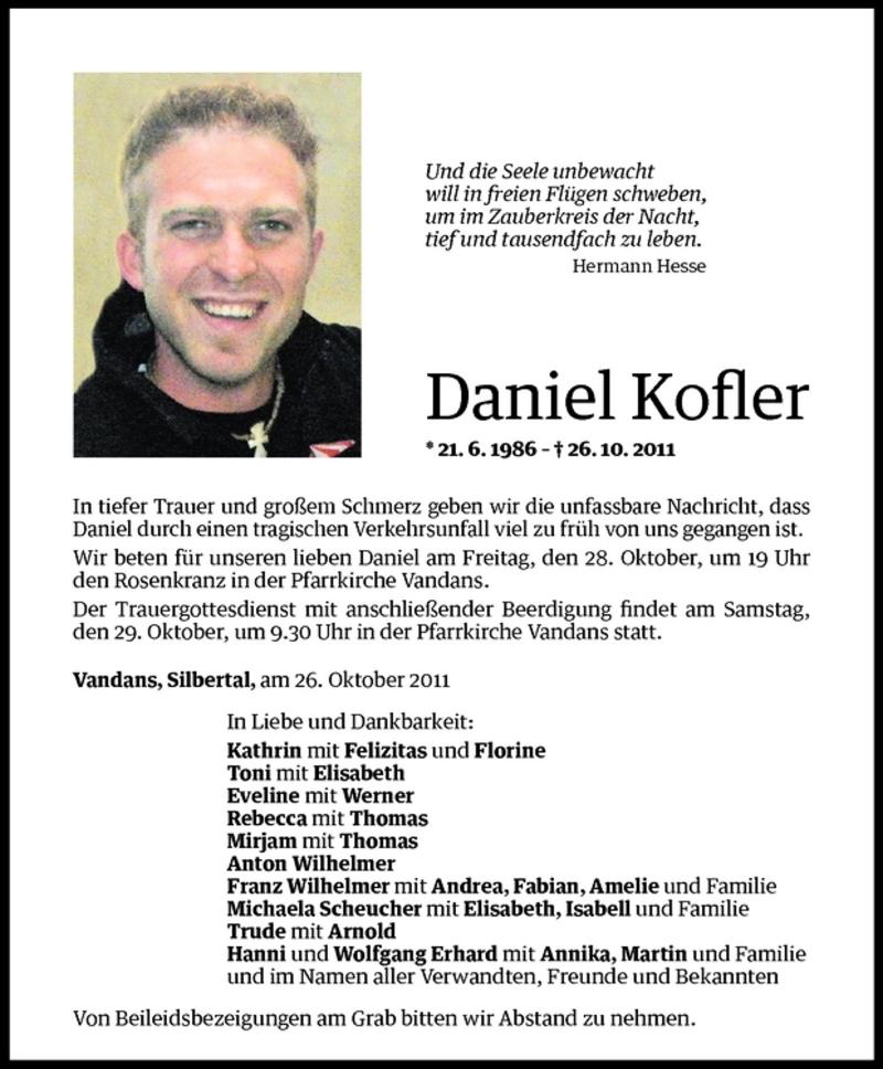  Todesanzeige für Daniel Kofler vom 28.10.2011 aus Vorarlberger Nachrichten