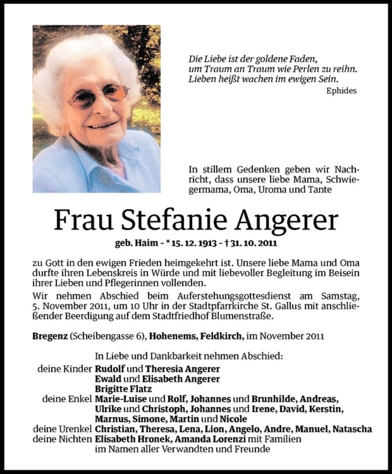 Todesanzeigen von Stefanie Angerer | Todesanzeigen Vorarlberger Nachrichten