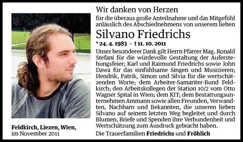  Todesanzeige für Silvano Friedrichs vom 11.11.2011 aus Vorarlberger Nachrichten