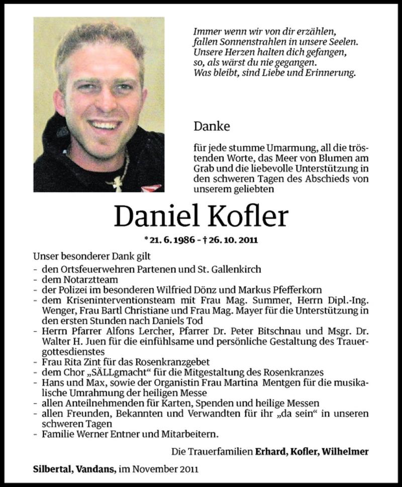  Todesanzeige für Daniel Kofler vom 12.11.2011 aus Vorarlberger Nachrichten