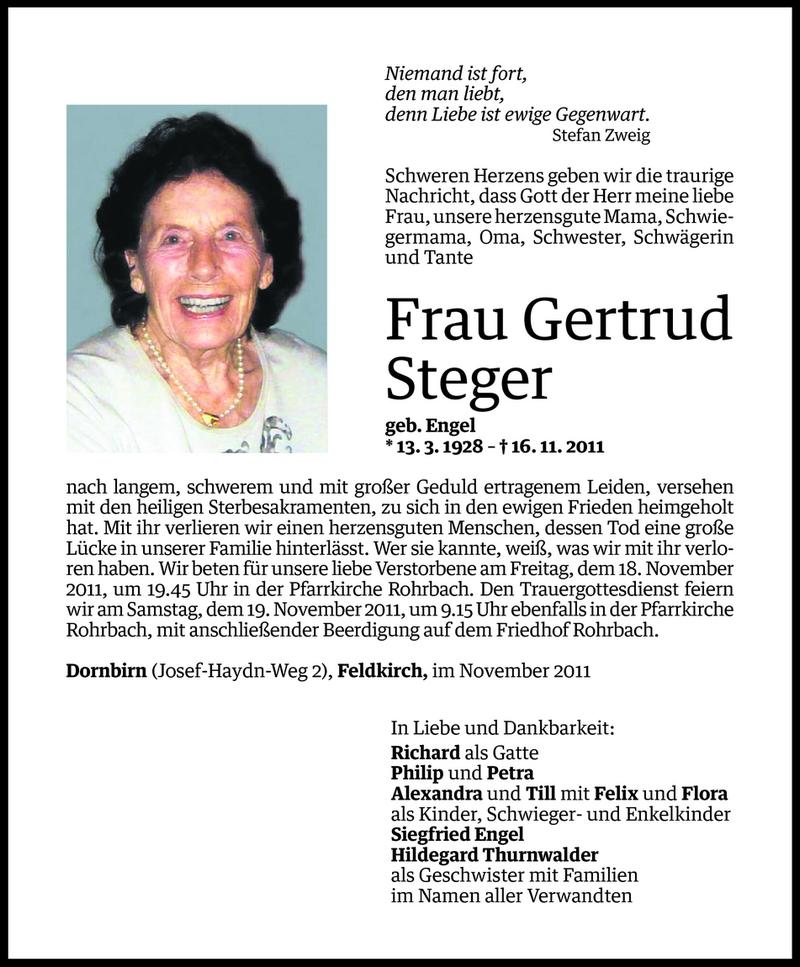 Todesanzeigen von Gertrud Steger | Todesanzeigen Vorarlberger Nachrichten