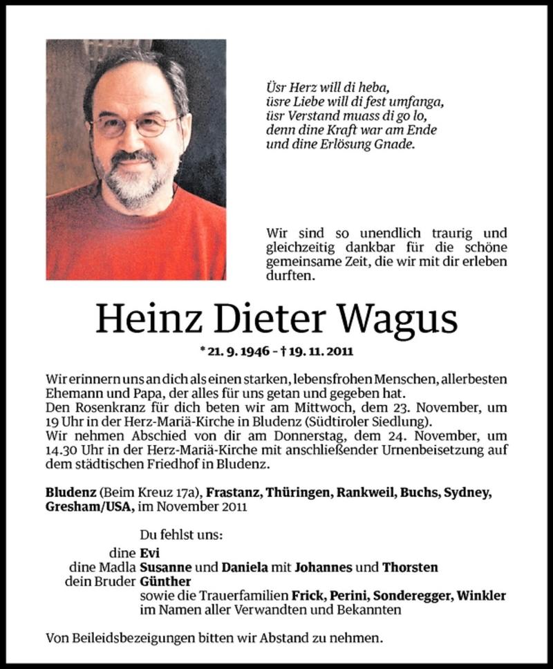  Todesanzeige für Heinz Dieter Wagus vom 22.11.2011 aus Vorarlberger Nachrichten