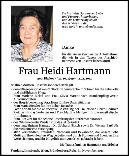 Todesanzeigen von Heidi Hartmann | Todesanzeigen Vorarlberger Nachrichten