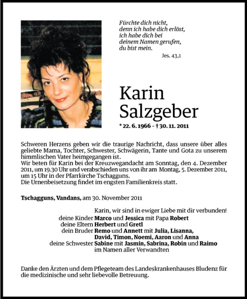  Todesanzeige für Karin Salzgeber vom 03.12.2011 aus Vorarlberger Nachrichten