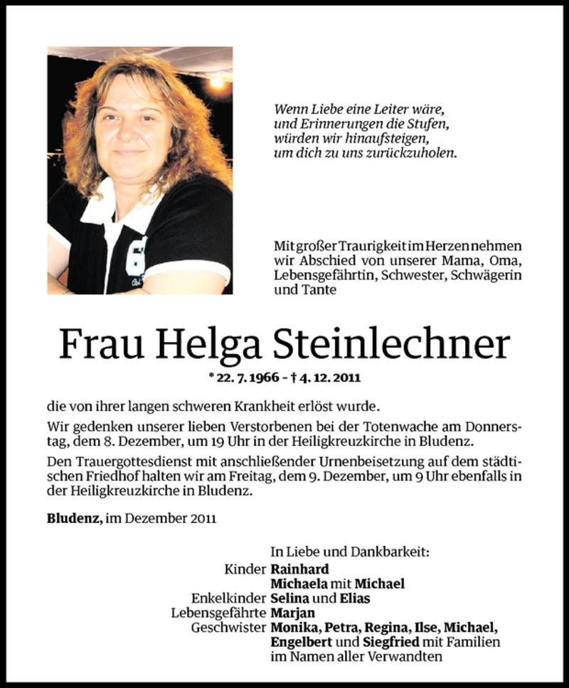  Todesanzeige für Helga Steinlechner vom 06.12.2011 aus Vorarlberger Nachrichten