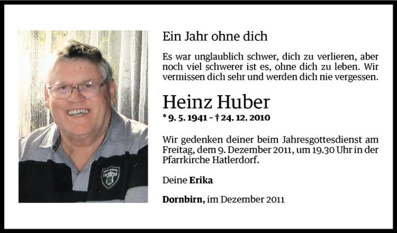  Todesanzeige für Heinz Huber vom 09.12.2011 aus Vorarlberger Nachrichten