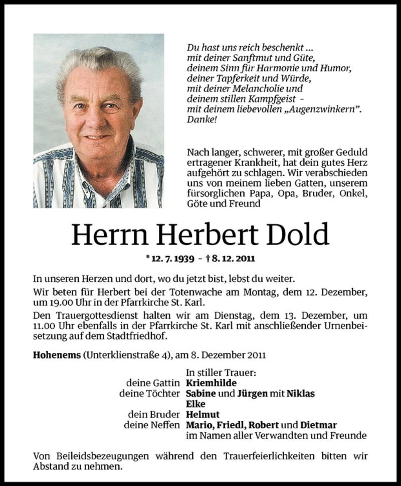  Todesanzeige für Herbert Dold vom 10.12.2011 aus Vorarlberger Nachrichten