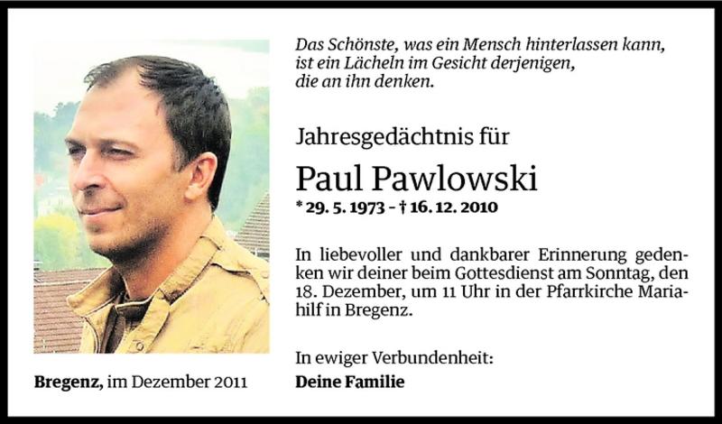  Todesanzeige für Pawel (Paul) Pawlowski vom 14.12.2011 aus Vorarlberger Nachrichten