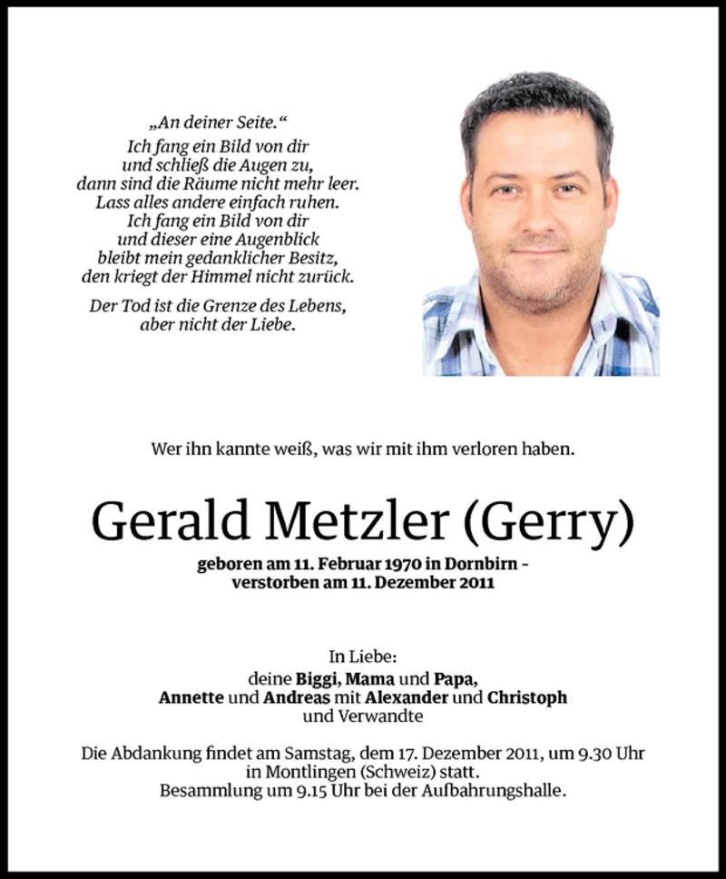  Todesanzeige für Gerald (Gerry) Metzler vom 15.12.2011 aus Vorarlberger Nachrichten