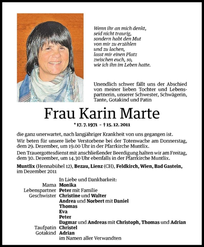  Todesanzeige für Karin Marte vom 29.12.2011 aus Vorarlberger Nachrichten