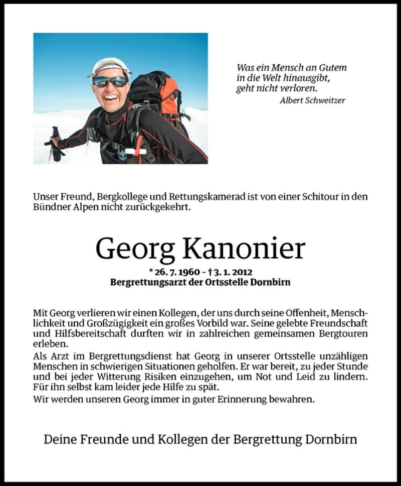  Todesanzeige für Georg Kanonier vom 07.01.2012 aus Vorarlberger Nachrichten