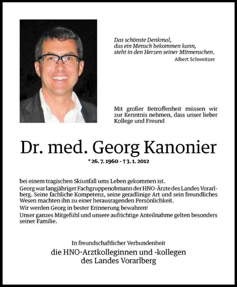  Todesanzeige für Georg Kanonier vom 07.01.2012 aus Vorarlberger Nachrichten