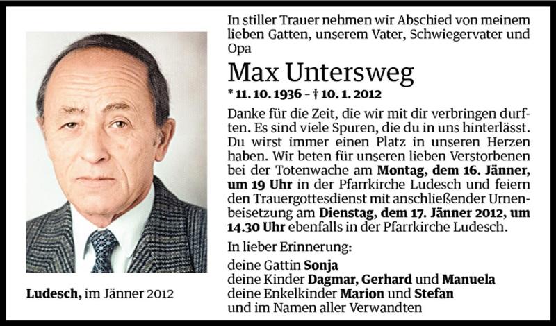  Todesanzeige für Max Untersweg vom 14.01.2012 aus Vorarlberger Nachrichten