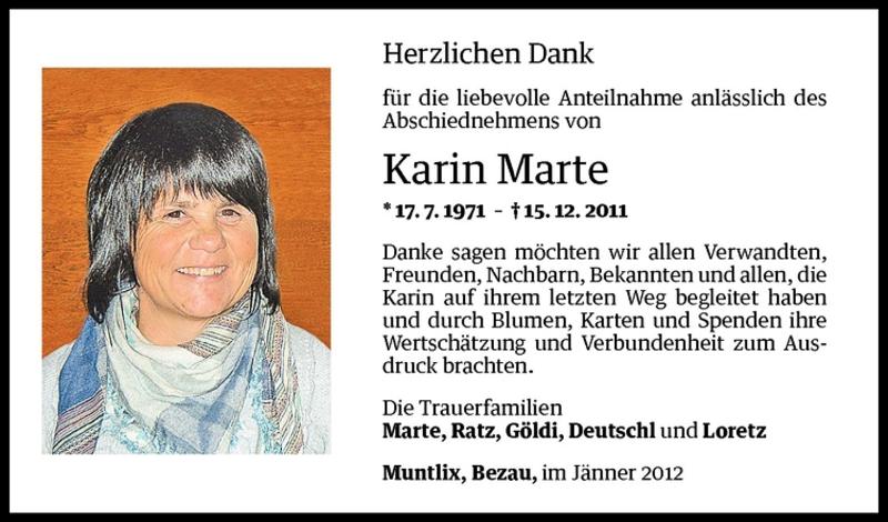  Todesanzeige für Karin Marte vom 14.01.2012 aus Vorarlberger Nachrichten