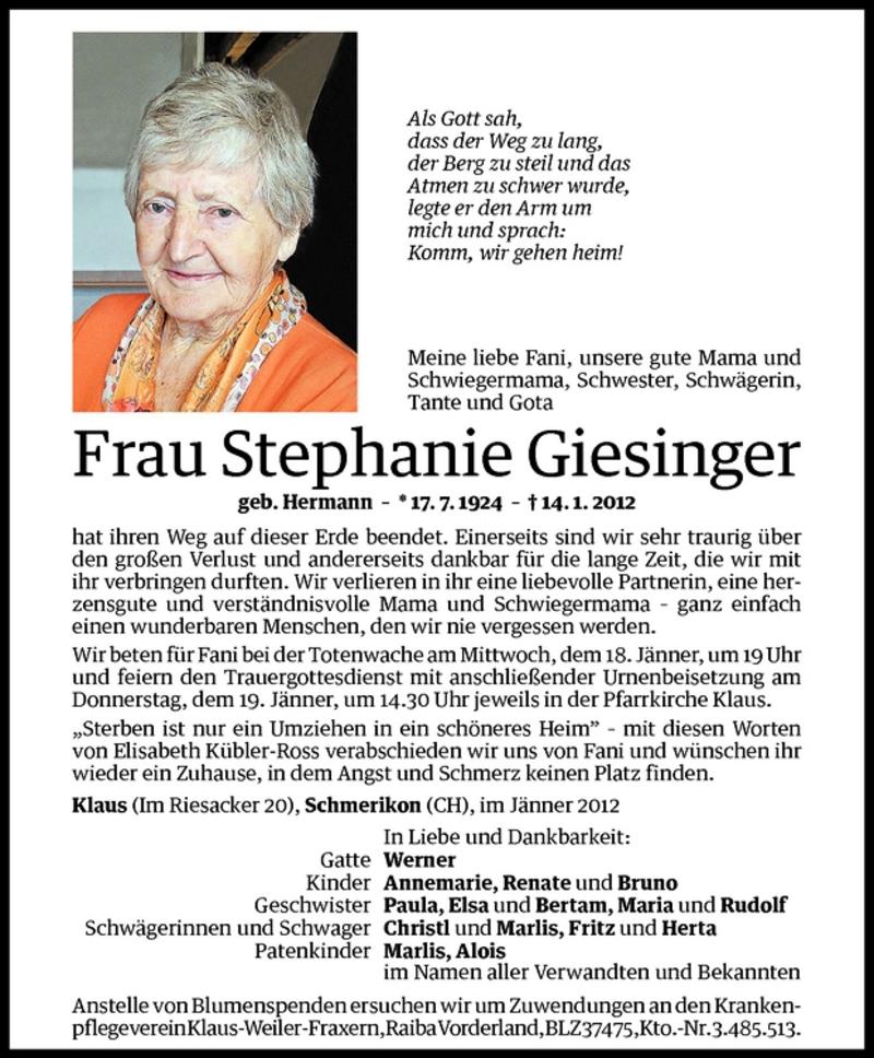 Todesanzeigen von Stephanie Giesinger | Todesanzeigen Vorarlberger ...