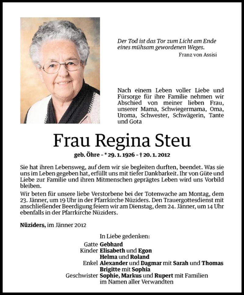 Todesanzeigen von Regina Steu | Todesanzeigen Vorarlberger Nachrichten