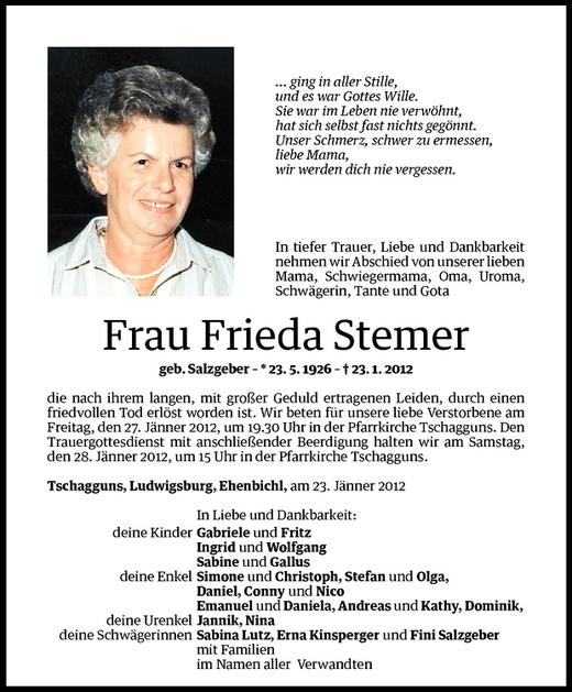 Todesanzeige von Frieda Stemer von Vorarlberger Nachrichten