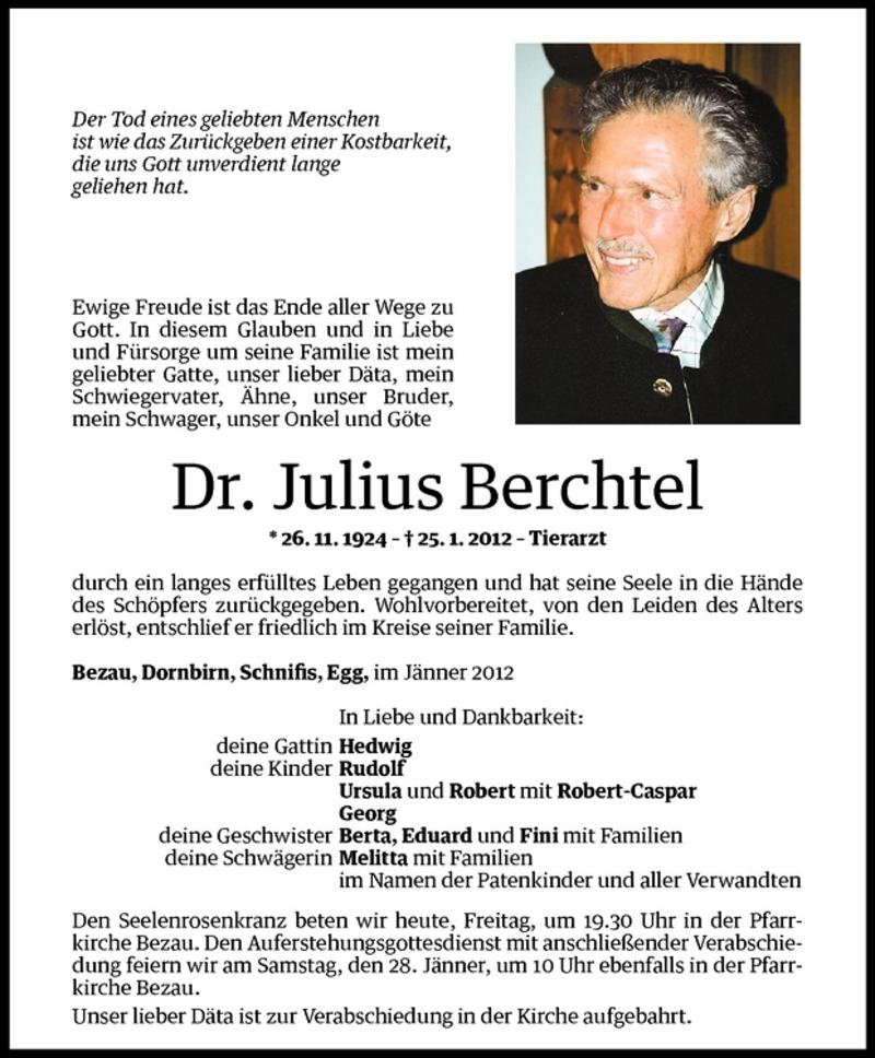  Todesanzeige für Dr. Julius Berchtel vom 27.01.2012 aus Vorarlberger Nachrichten